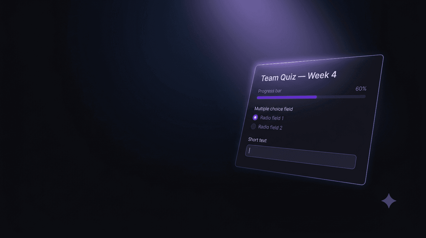 Formify form builder in action — a quiz form at 3D angle showing progress bar and multiple choice fields